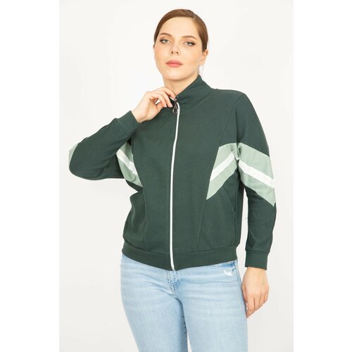 Şans Women's Colorful Plus Size 2 Thread Fabric Front Zipper And Stripe Detailed Sweatshirt Slike