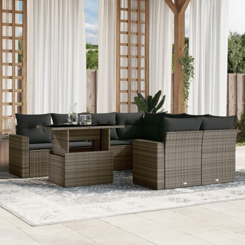 VidaXL 9-dijelni set vrtnih sofa od poliratana s jastucima sivi Slike