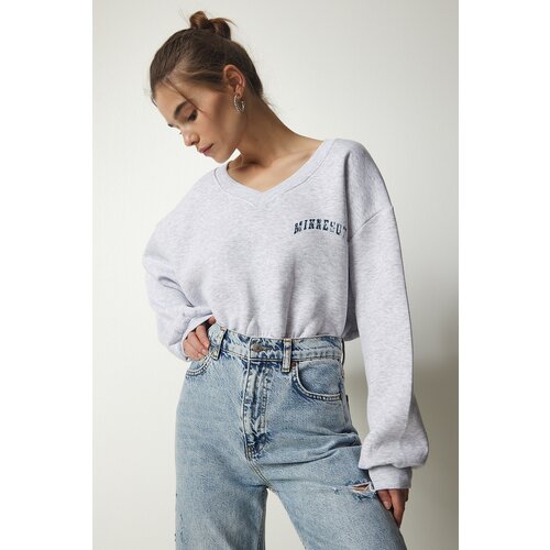  Women&amp;#039;s Gray Melange V-Neck Oversize Crop Knitted Sweatshirt Slike