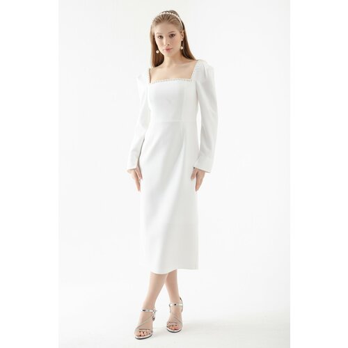 Lafaba Women's White Square Neck Pearl Midi Evening Dress Cene