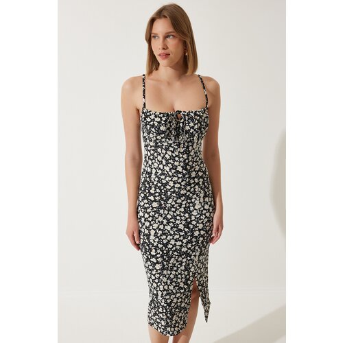  Women's Black Floral Slit Knitted Dress Cene