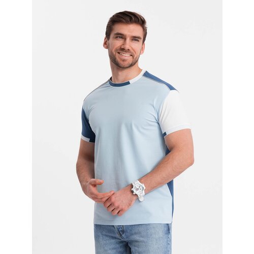 Ombre Men&amp;#039;s elastane t-shirt with colored sleeves - blue Slike