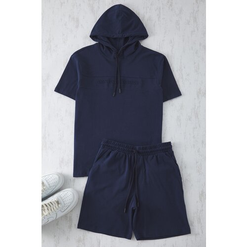 Trendyol Navy Blue Hooded Regular Cut Puffy Print Short Sleeve Sweatshirt-Shorts Tracksuit Set Cene