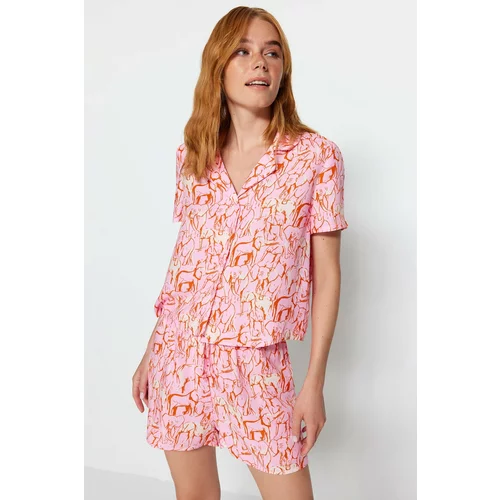 Trendyol Pink Animal Pattern Shirt-Shorts Viscose Woven Pajamas Set