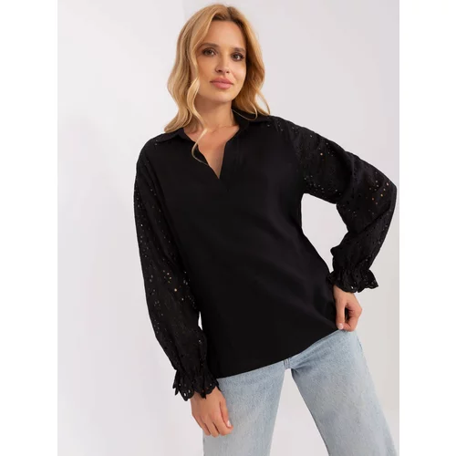 Fashion Hunters Black shirt blouse with openwork sleeves