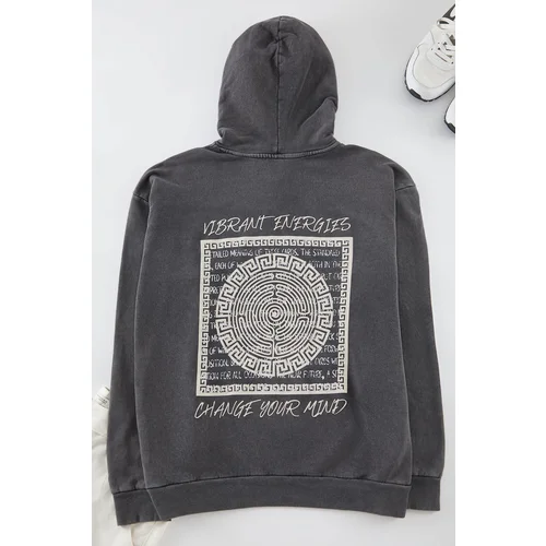 Trendyol Anthracite Oversize/Wide Cut Text Back Printed Hooded Vintage/Faded Effect Sweatshirt