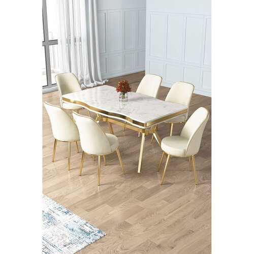 Hanah home trpezarijski set Prah, sto i 6 stolica, ploča u dekoru belog mermera, zlatne noge, krem tkanina Babyface Cene