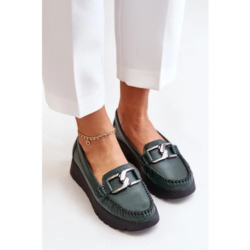 Zazoo Leather Moccasins On Platform With Decoration Dark Green 10141