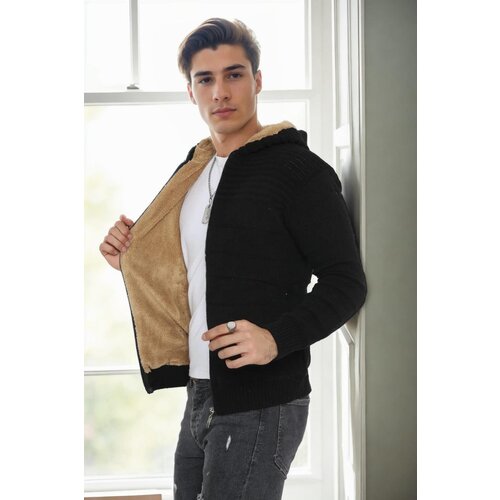 Dewberry 14455 Furry Hooded Mens Sports Slim Fit Cardigan-BLACK Slike