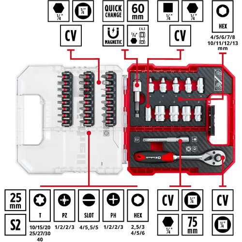 Einhell L-Case 37-del set alata I bitova, 1/4&amp;quot; 25mm bit, nas.ključ. I ručica ( 49109022 ) Slike