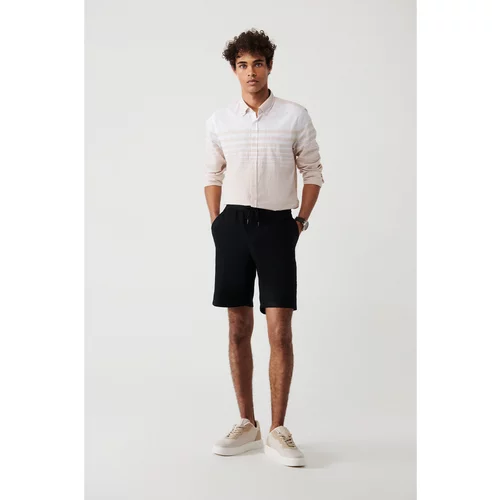 Avva Men's Black 100% Cotton Side Pocket Elastic Waist Linen Textured Relaxed Fit Comfortable Cut Shorts