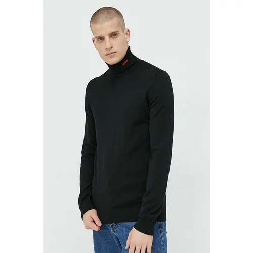 Hugo Vuneni pulover za muškarce, boja: crna, lagani, s dolčevitom