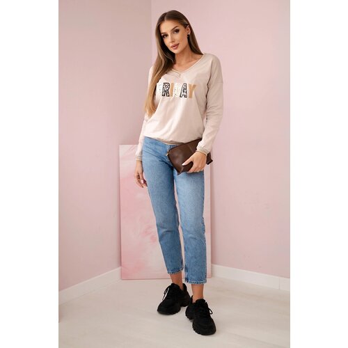 Kesi Women&amp;#039;s sweatshirt with a sequin inscription beige Slike
