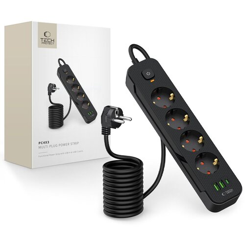 TECH-PROTECT PCL4X3 NAPAJALNA VTIČNICA 4 VTIČNICE 2 USB TYPE-C 200CM ČRNA, (21980314) Cene