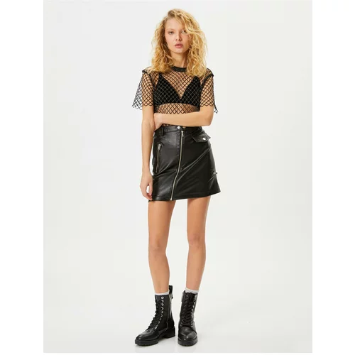 Koton Mini Faux Leather Skirt Zippered Slim Fit Pocket Detailed