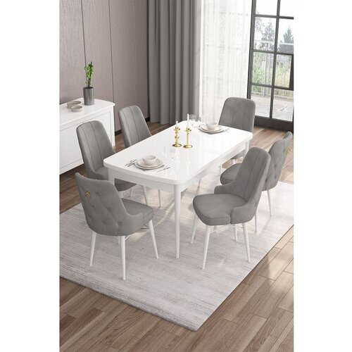 Hanah home Are - White, Grey WhiteGrey Extendable Dining Table & Chairs Set (7 Pieces) Cene