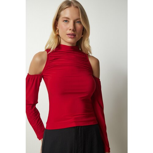 Happiness İstanbul Women's Red Open Shoulder Detailed Knitted Blouse Slike