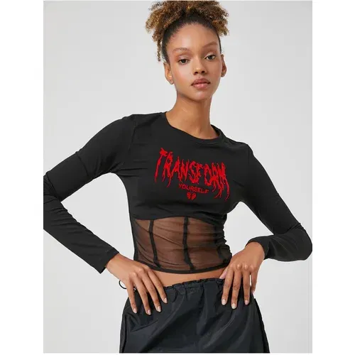 Koton Long Sleeve T-Shirt Crop Tulle Detail Printed