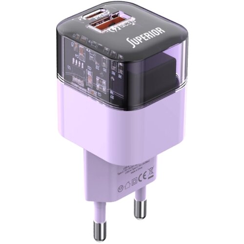  PUNJAČ BEZ KABLA SUPERIOR SU-P105 30W SUPER FAST USB-A + USB-C LJUBIČASTI P1221 *MD *SR Slike