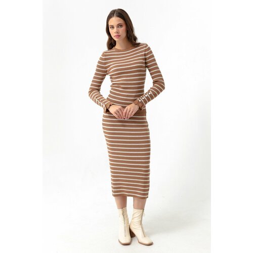 Lafaba Women's Striped Knitwear Suit With A tan Skirt Slike