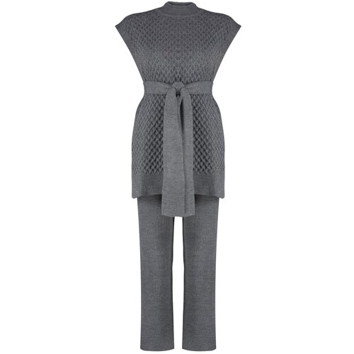 Trendyol Anthracite Belted Brass Knitted Sweater-Pants Knitwear Bottom-Top Set Slike