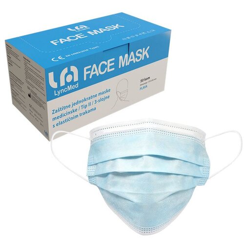  Kirur&scaron;ke maske TIP II, troslojne s gumicom, boja PLAVA - Lyncmed - 100 kom Cijene
