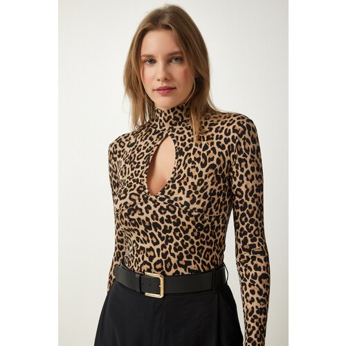  Women&amp;#039;s Beige Cut Out Detailed Patterned Knitted Blouse Slike