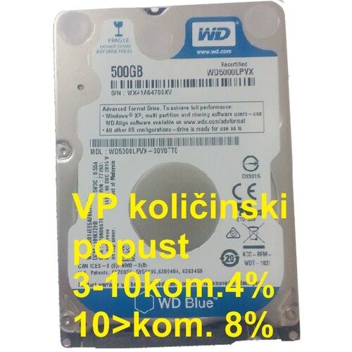 Western Digital HDD 2.5 * 500GB WD5000LPVX BLUE 5400RPM 8MB SATA3 7mm Cene