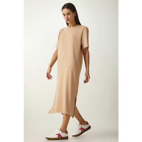 Happiness İstanbul Women's Beige Crew Neck Knitted Ribbed Dress Slike