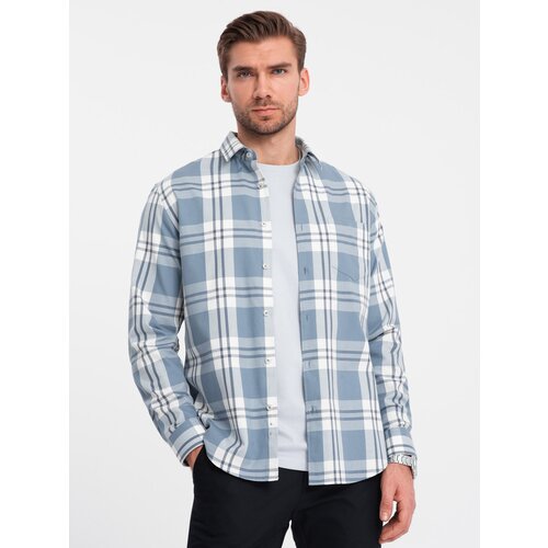 Ombre Classic men's flannel cotton plaid shirt - blue and cream Cijene
