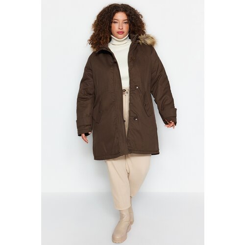 Trendyol Curve Khaki Shearling Hooded Coat Slike