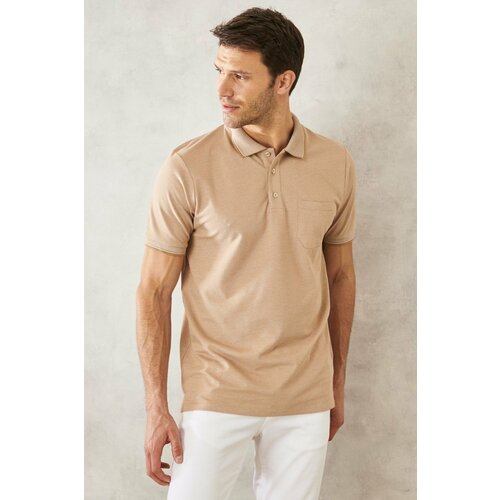 ALTINYILDIZ CLASSICS Men's Non-Shrink Cotton Fabric Regular Fit Relaxed Cut Beige-white Anti-roll Polo Neck Pocket T-Shirt Cene