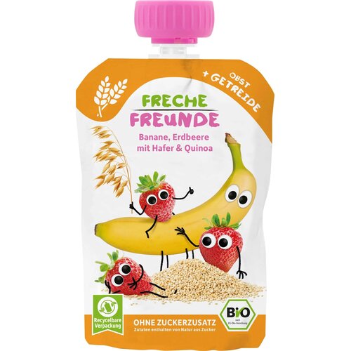 Freche Freunde Sadno-žitni pire v vrečki - banana in jagoda z ovsom in kvinojo - 100 g Slike