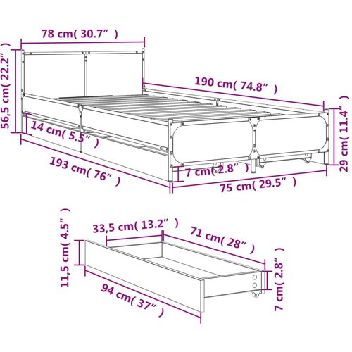 VidaXL Okvir kreveta s ladicama boja dimljenog hrasta 75x190 cm drveni Slike