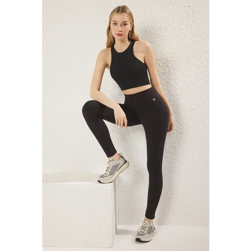 Trendyol Black Brushed Soft Fabric Reflective Print Detail Full Length Knitted Sports Tights