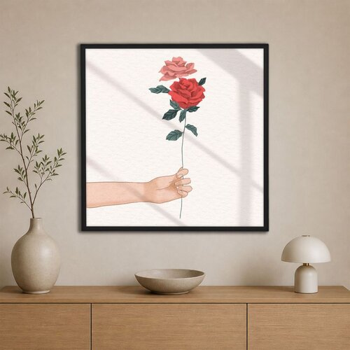Wallxpert uramljena slika na platnu Cc-K-Sy-1031, ruka drži crvenu i roze ružu na svetloj pozadini, 80 x 80 cm Cene