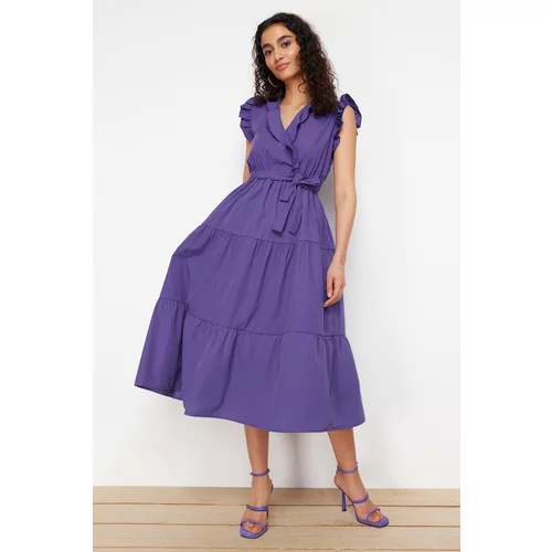 Trendyol Purple Belted A-line Double Breasted Collar Midi Woven Dress