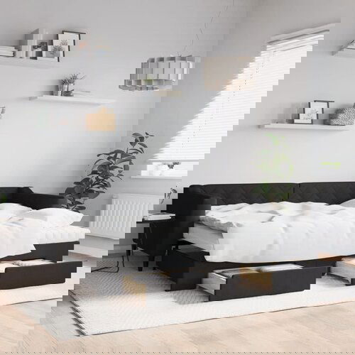 VidaXL Izvlečna dnevna postelja s predali črna 90x200 cm blago Slike