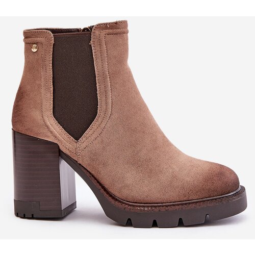 VINCEZA Warm Women's Heeled Boots Made of Eco Suede Beige 58356 Cene
