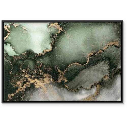  Slika - Green watercolour - abstraction inspired by the structure of marble 90x60 U crnom drvenom okviru Slike