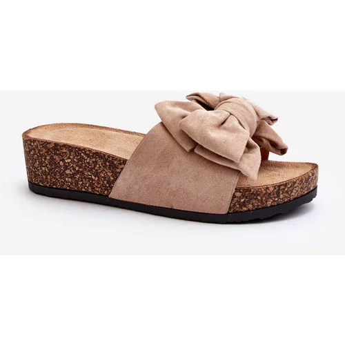Kesi Women's slippers on a cork platform with a bow Khaki Tarena