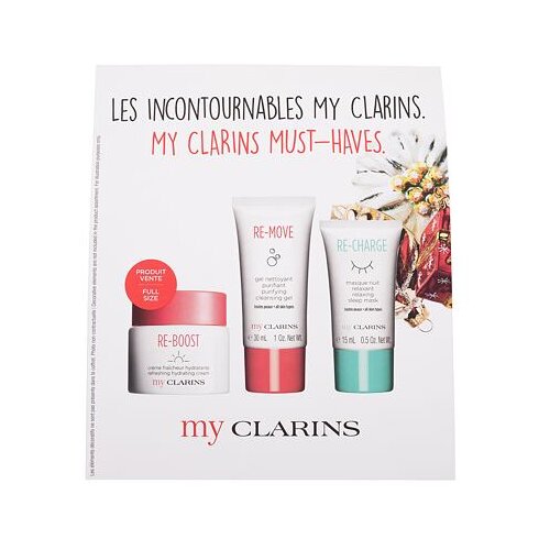 Clarins My Must-Haves dnevna krema za obraz za vse tipe kože 50 ml po&amp;scaron;kodovana &amp;scaron;katla za ženske Slike