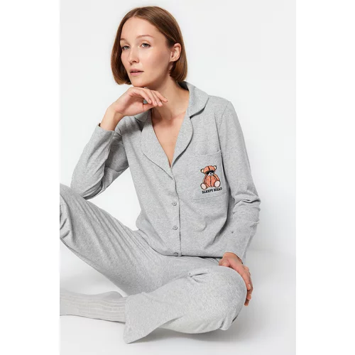 Trendyol Gray Melange Cotton Teddy Bear Embroidered Shirt-Pants Knitted Pajamas Set