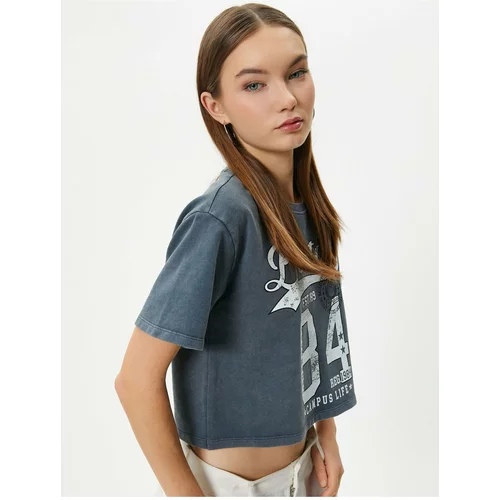 Koton College Crop T-Shirt Comfort Fit Faded Effect Cotton