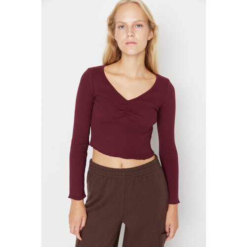 Trendyol Burgundy Corduroy Crop Knitted Blouse Slike