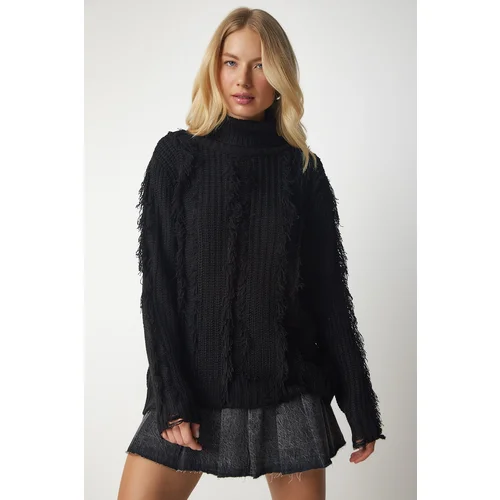  Women's Black Tassel And Torn Detailed Knitwear Sweater