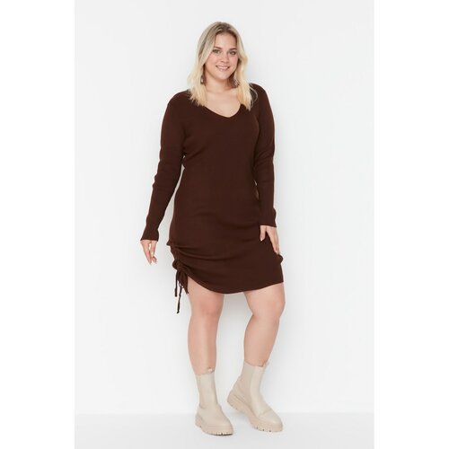 Trendyol Curve Brown Side Pleated Knitwear Dress Slike