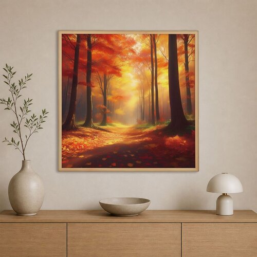 Wallxpert uramljena slika na platnu Cc-K-Ah-1008, jesenja &scaron;uma sa crvenim li&scaron;ćem i stazom, 60 x 60 cm Cene