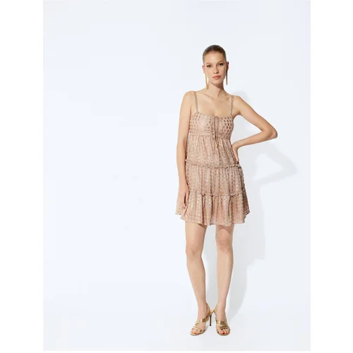 Koton Mini Dress Polka Dot Rope Strap Pleated Metallic Look Layered Flounce