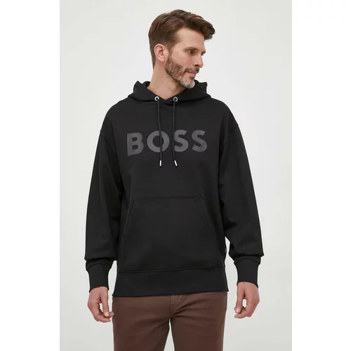 Boss Bombažen pulover moška, črna barva, s kapuco